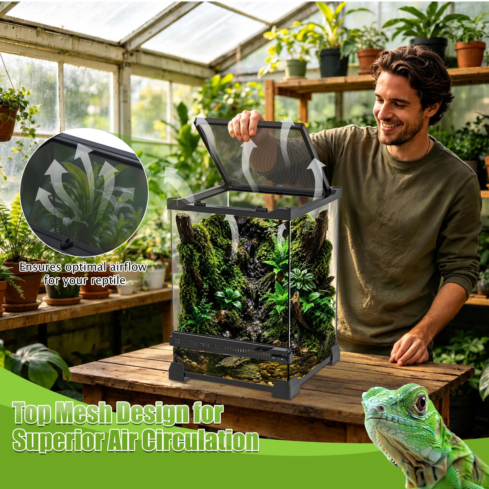 Reptilien-Terrarium, 25,4 x 25,4 x 35,6 cm, Vollglas-Tankgehege für kleine Reptilien, Geckos, Frösche, Eidechsen, Schlangen, Spinnen, Schildkröten, vertikaler Regenwald-Lebensraum
