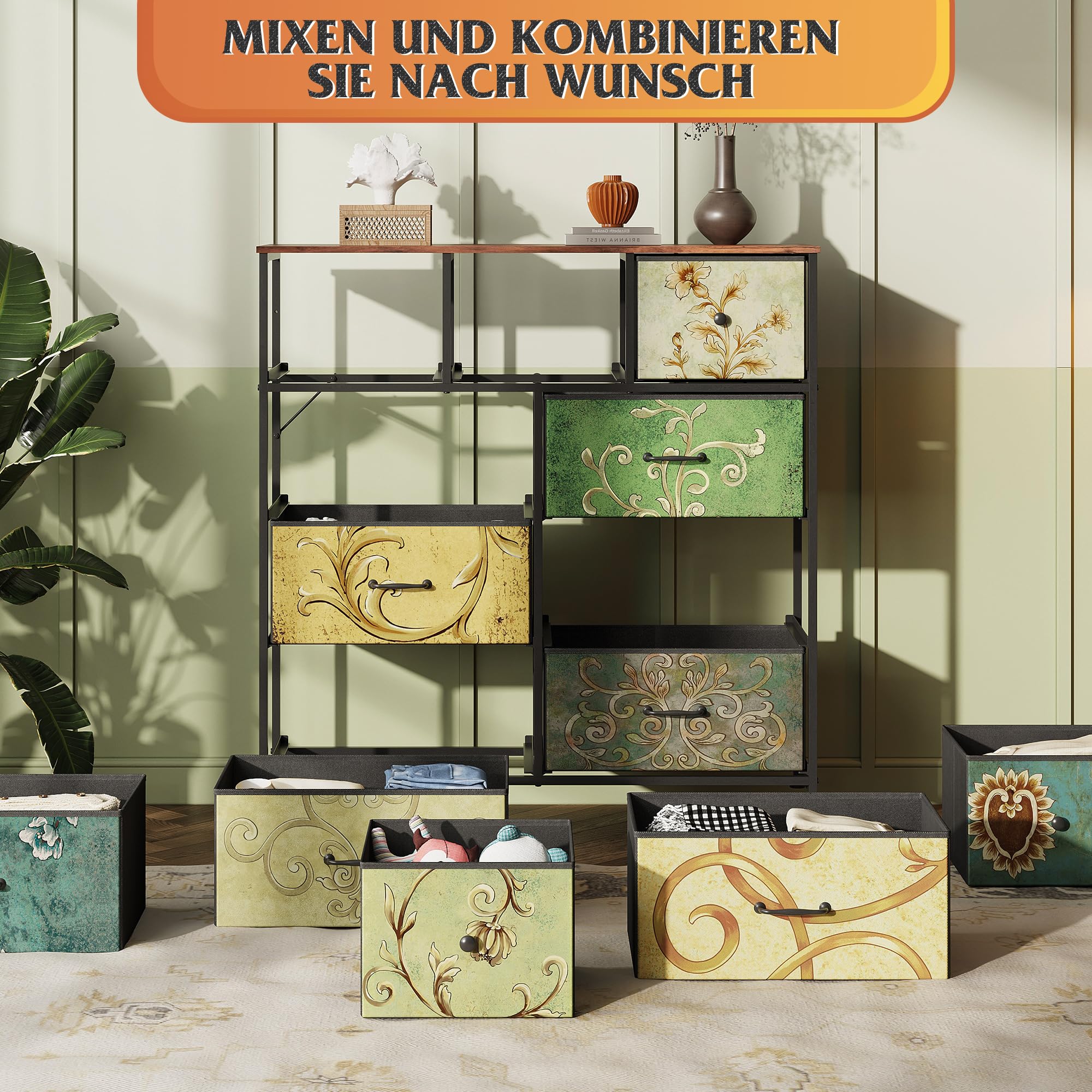 WLIVE Kommode mit 11 Schubladen aus Stoff, Kommodenschrank für Schlafzimmer, Kommode Wohnzimmer, mit Stabiler Stahlrahmen, Bohemien