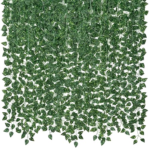 CQURE 20 Pack 140Ft Artificial Ivy Garland, Fake Vines UV Resistant Greenery Leaves Fake Plants Hanging Aesthetic Vines for Home Bedroom Party Garden Wall Room Decor - 140 Ft