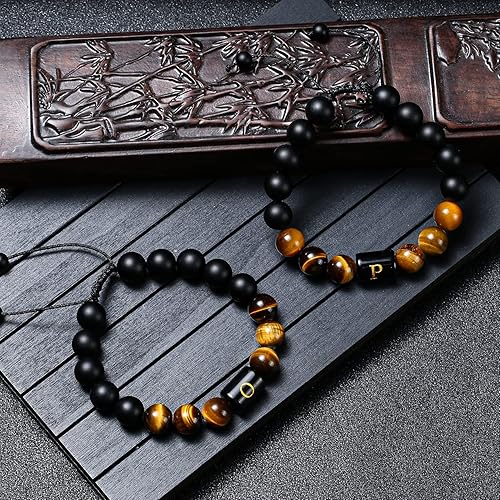 Miniatura 2 de Initial Bracelets for Men Charms Letter Mens Bracelet 10mm Natural Black Matte Agate Tiger Eye Stone Beads Braided Rope Customize Bracelet