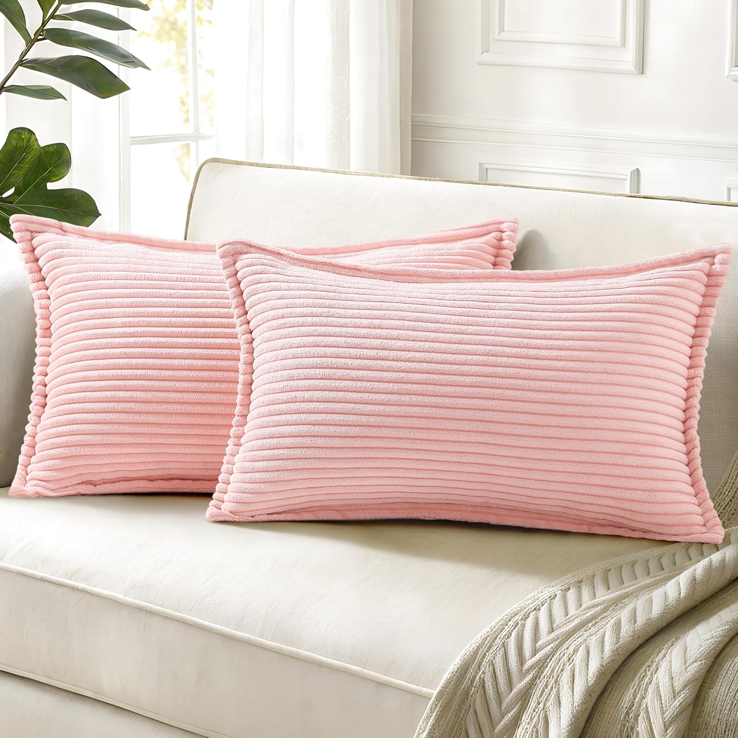 decorUhome Spring Valentines Corduroy Pink Throw Pillow Covers 12x20 Set of 2 Decorative Soft Boho Farmhouse Lumbar Couch Pillow Covers for Living Room Bed Sofa Broadside Striped Pillow Cases
