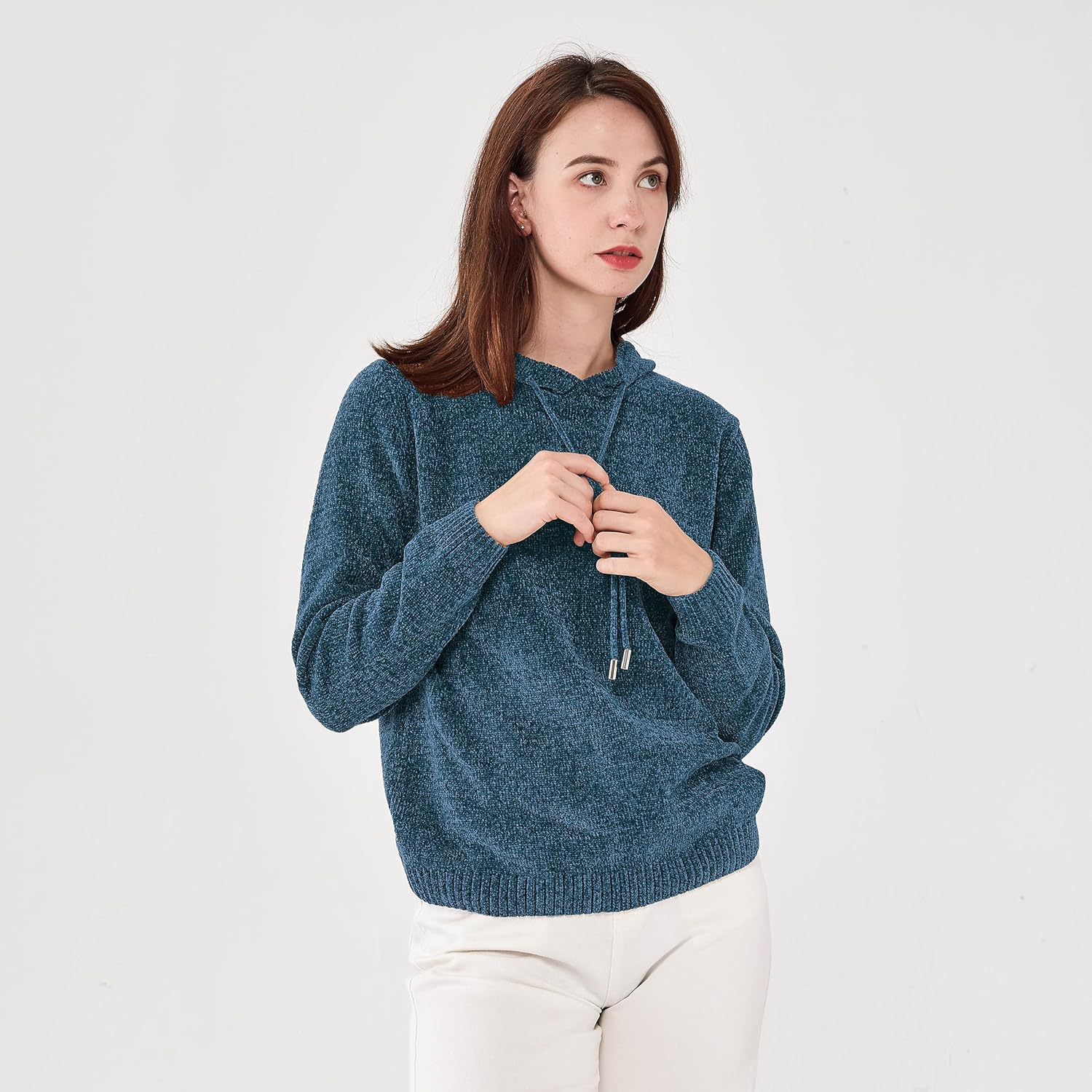 Simple&Opulence Women's Chenille Sweater Drawstring Hooded Long Sleeve Pullover Ribbed Cuff Hem Jumper Tops - Image 5