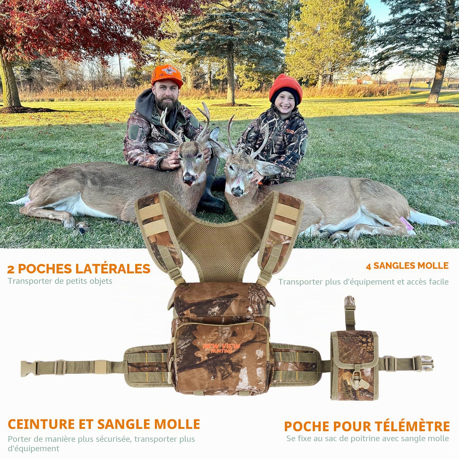 NewView Harnais Binocular avec Sac de télémètre Amovible, Sangle bino réglable et Protection Contre la Pluie - Idéal pour la Chasse, la randonnée et l'observation des Oiseaux - Quiet-M