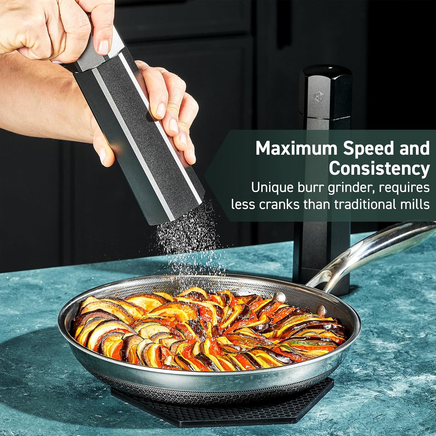 HexClad Salt and Pepper Mill Set with Adjustable Professional Grinders and No-Mess Caps