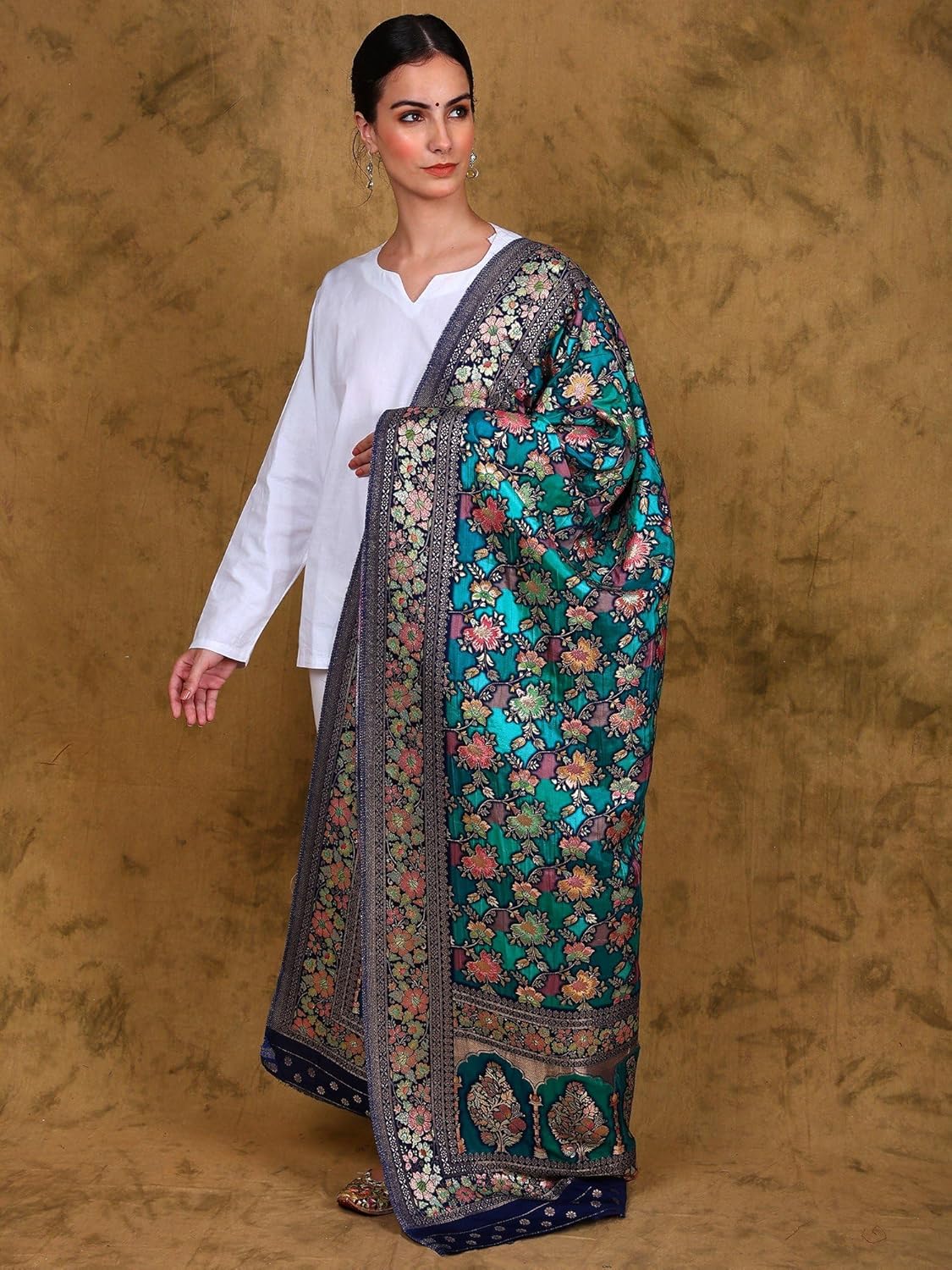 Exotic India Women's Art Silk Dupatta with Zari Woven Floral Design | Traditional Beautiful Flowers Design Shawl Wrap Scarf Stole Chunni From Amritsar - Image 3