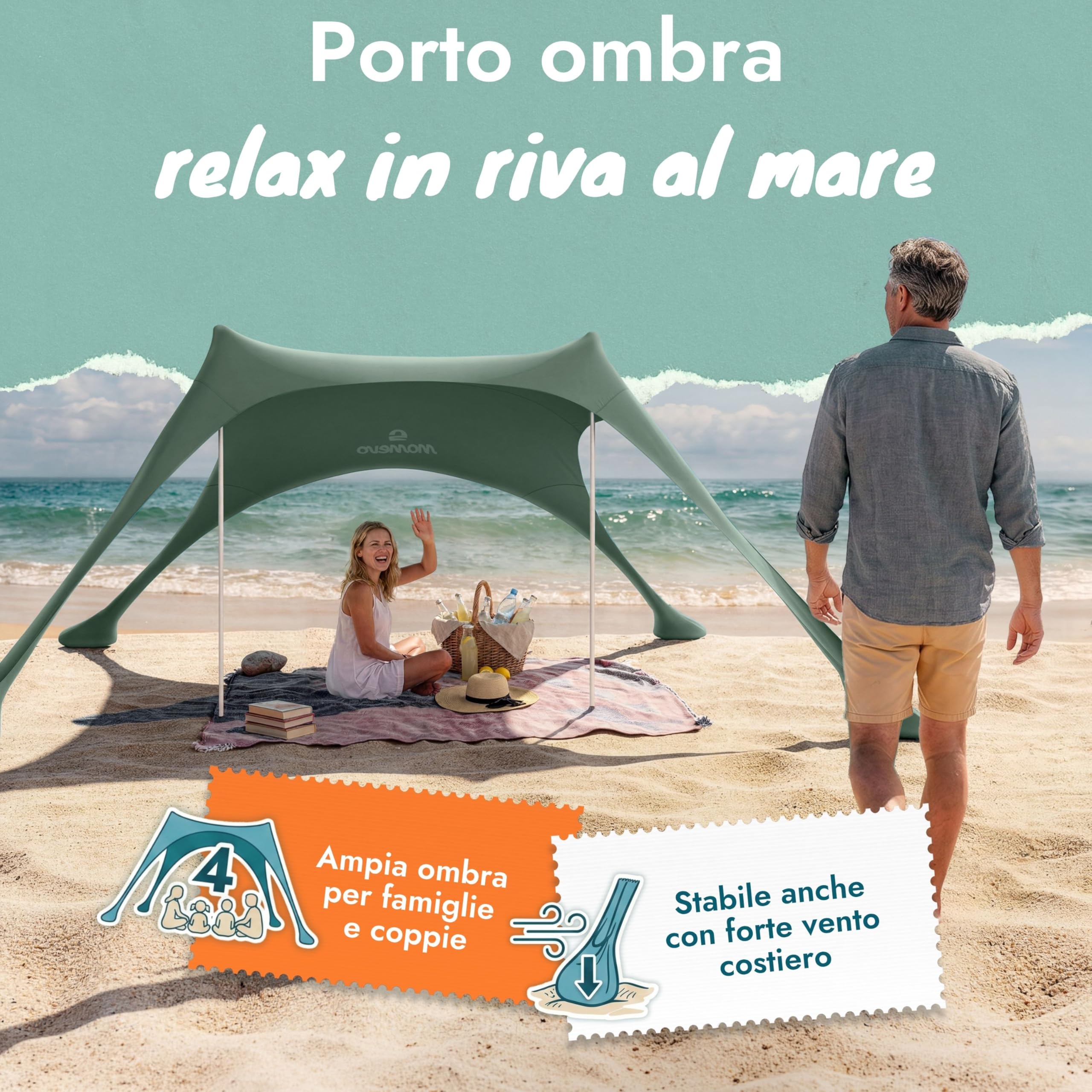 Tenda da spiaggia Sunsail – Telo ombreggiante da spiaggia con protezione UV UPF 50+, resistente al vento e leggera, tenda da spiaggia di nuova generazione (2 pali, Oliva)