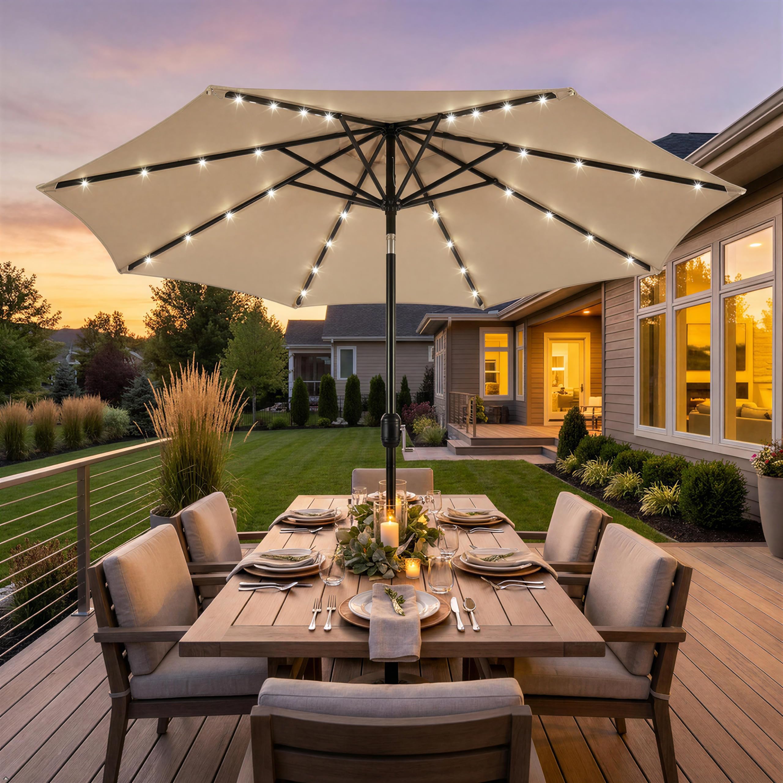 Amazon.com : Yaheetech 10FT Solar Powered Patio Umbrella - UV Protection  Market Table Umbrella w/ 32 LED Lights & Push Button Tilt & Crank Lift  System for Garden/Lawn/Deck/Backyard/Pool,Tan : Patio, Lawn &