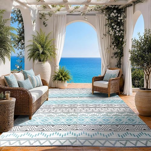 Strickland Home Outdoor Rug 5x8 ft Plastic Patio Rug (Blue & Grey)