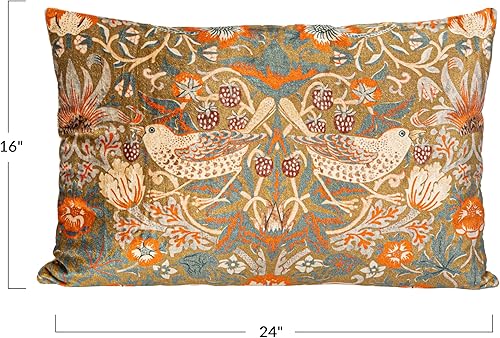 Miniatura 2 de Creative Co-Op Almohada lumbar de terciopelo de algodón con pájaros y flores, multicolor