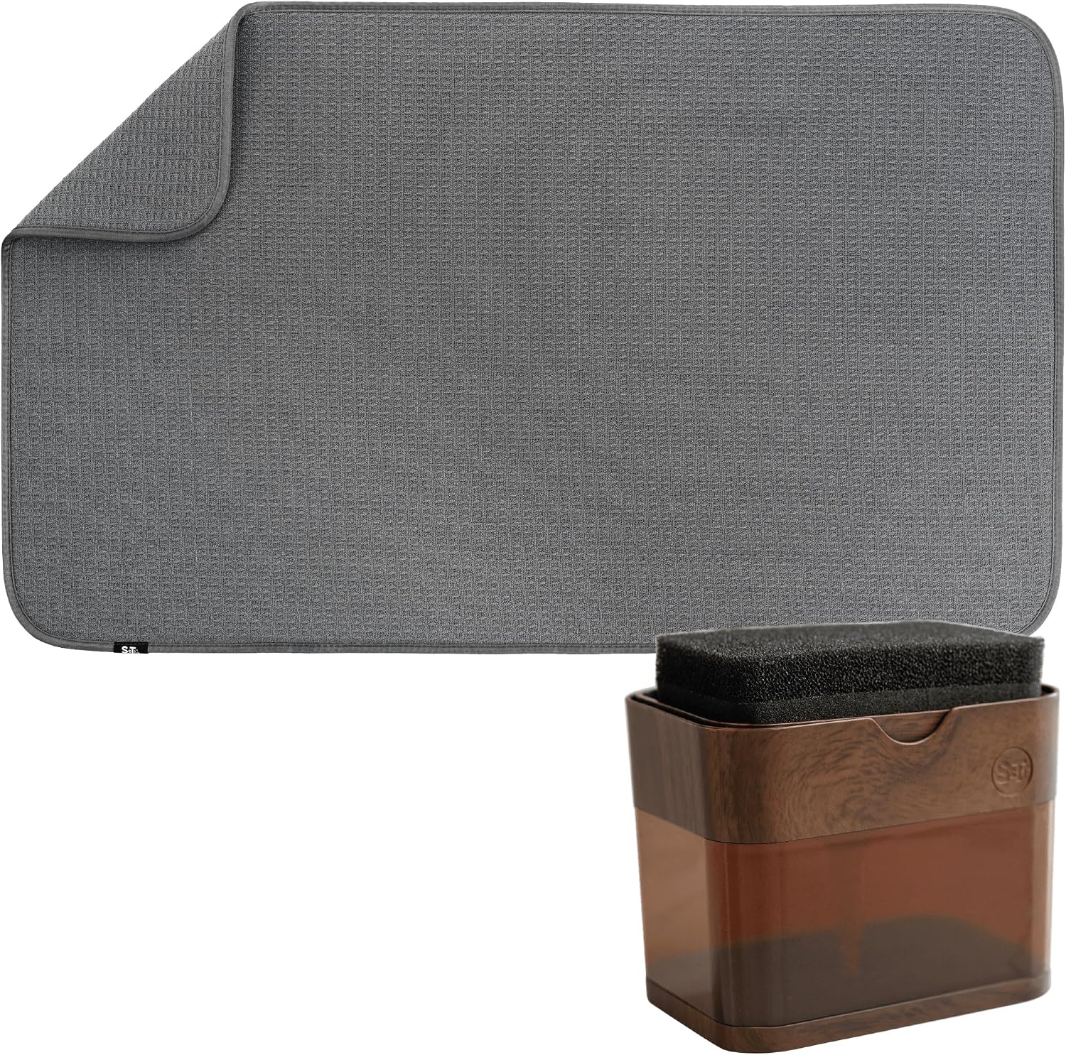 S&T INC. Dish Drying Mat 18" x 30" Charcoal and Dish Soap Dispenser Walnut Bundle