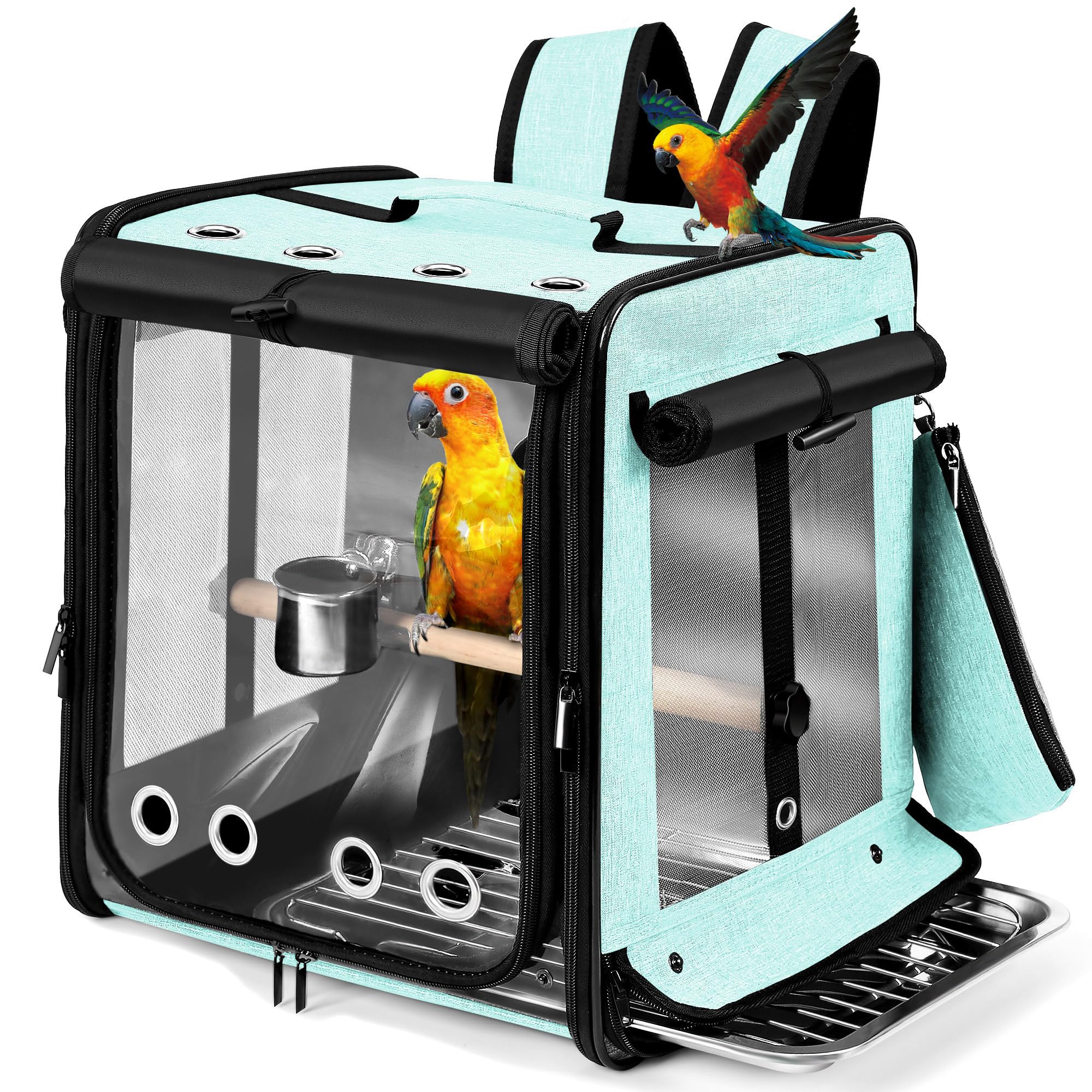Portapájaros con cinturón de seguridad para viajes en coche, portaaviones con malla de acero inoxidable indestructible, jaula de viaje grande para pájaros, color verde