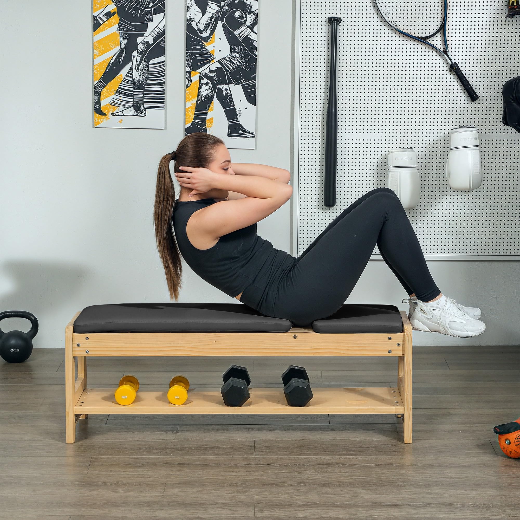 Adjustable Weight Bench with Dumbbell Rack Wooden Gym | Flat or Incline Design, Home Gym Weight Lifting Training