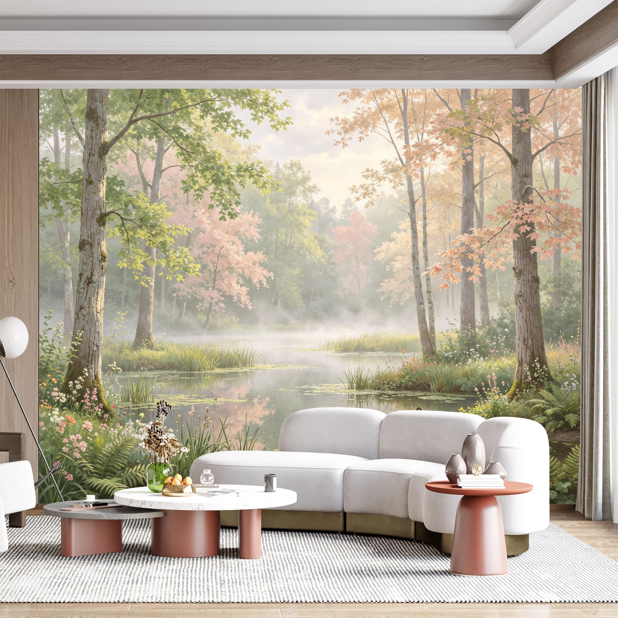 Custom Size Wall Mural Misty Lake Woodland Serenity Seascape Forest Scene SelfAdhesive Wall Fabric Removable for Home Office Decor