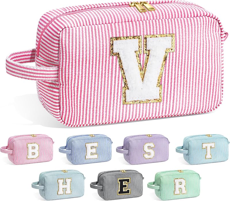 Necessaire de maquiagem YOOLIFE com inicial, zíper, estampa listrada, Rosa V, 1 unidade