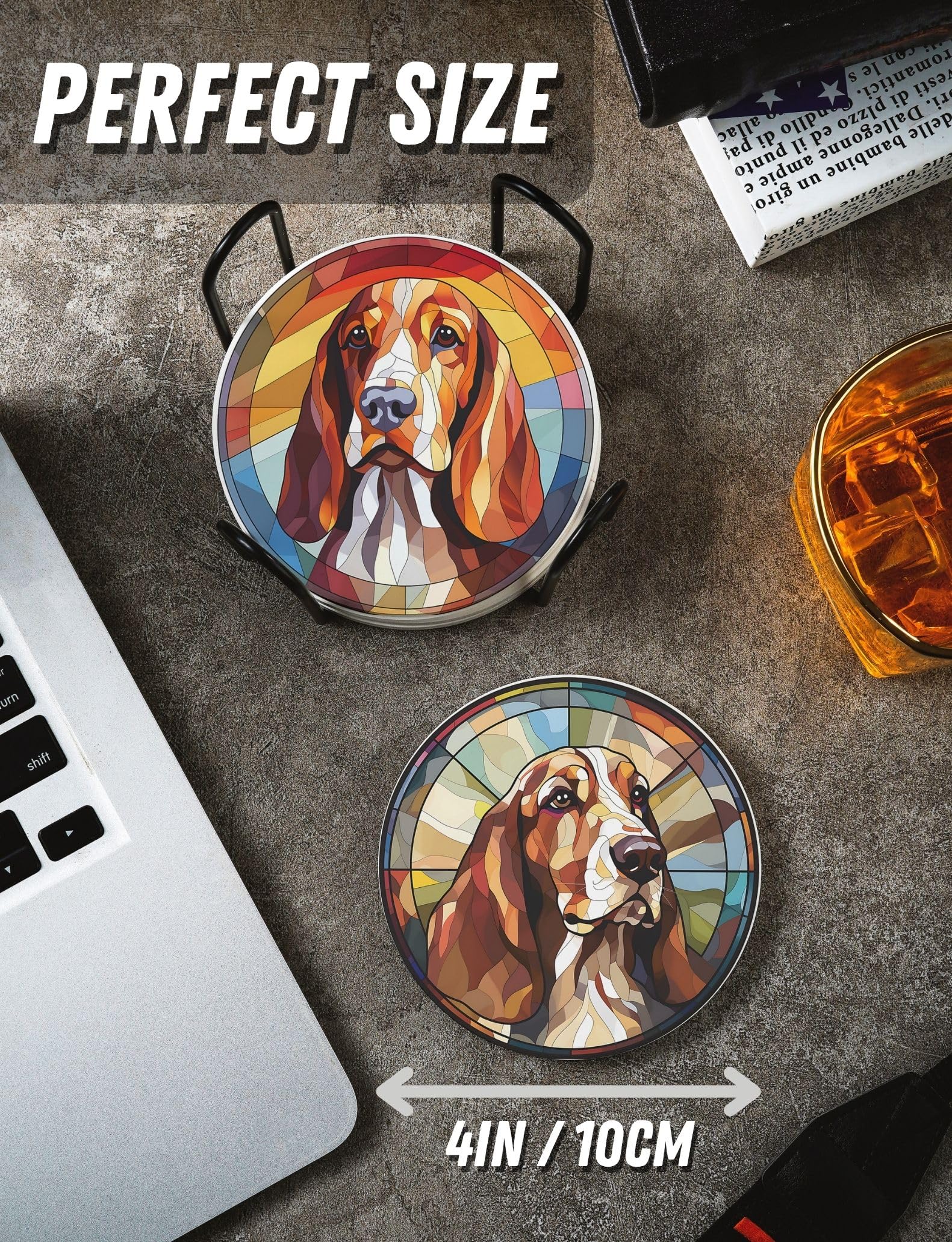 Onebttl Basset Hound Gifts Coaster, Ceramic, Set of 6, with Gift Box, Absorbent with Cork Base, Gifts for Basset Hound Lovers, Home Decor for Housewarming, Thanksgiving, Birthday, Christmas