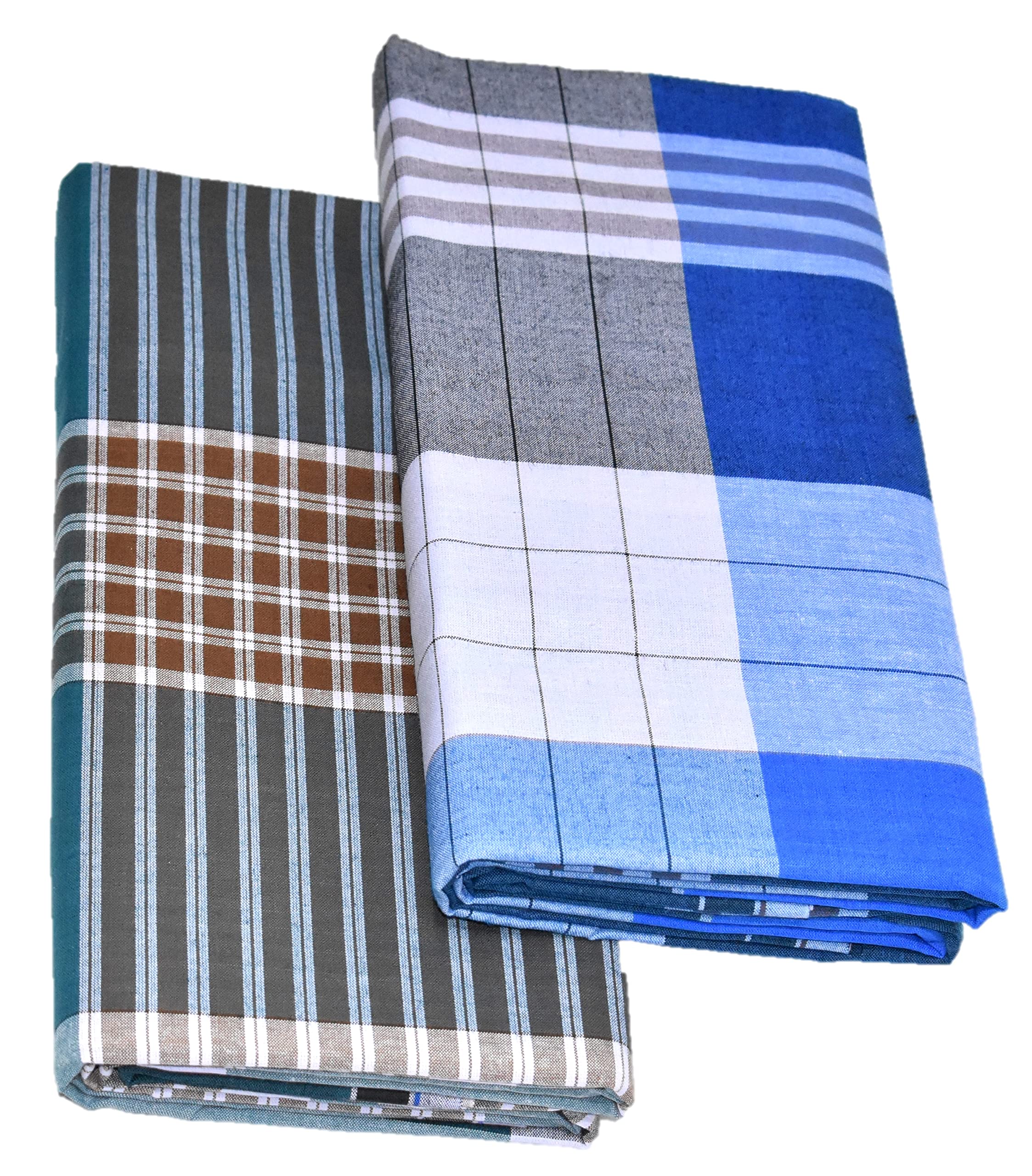 TUNI MANIMen's Checked Stitched Cotton Lungi Black Combo/Length- 2.10m (Pack of 2)