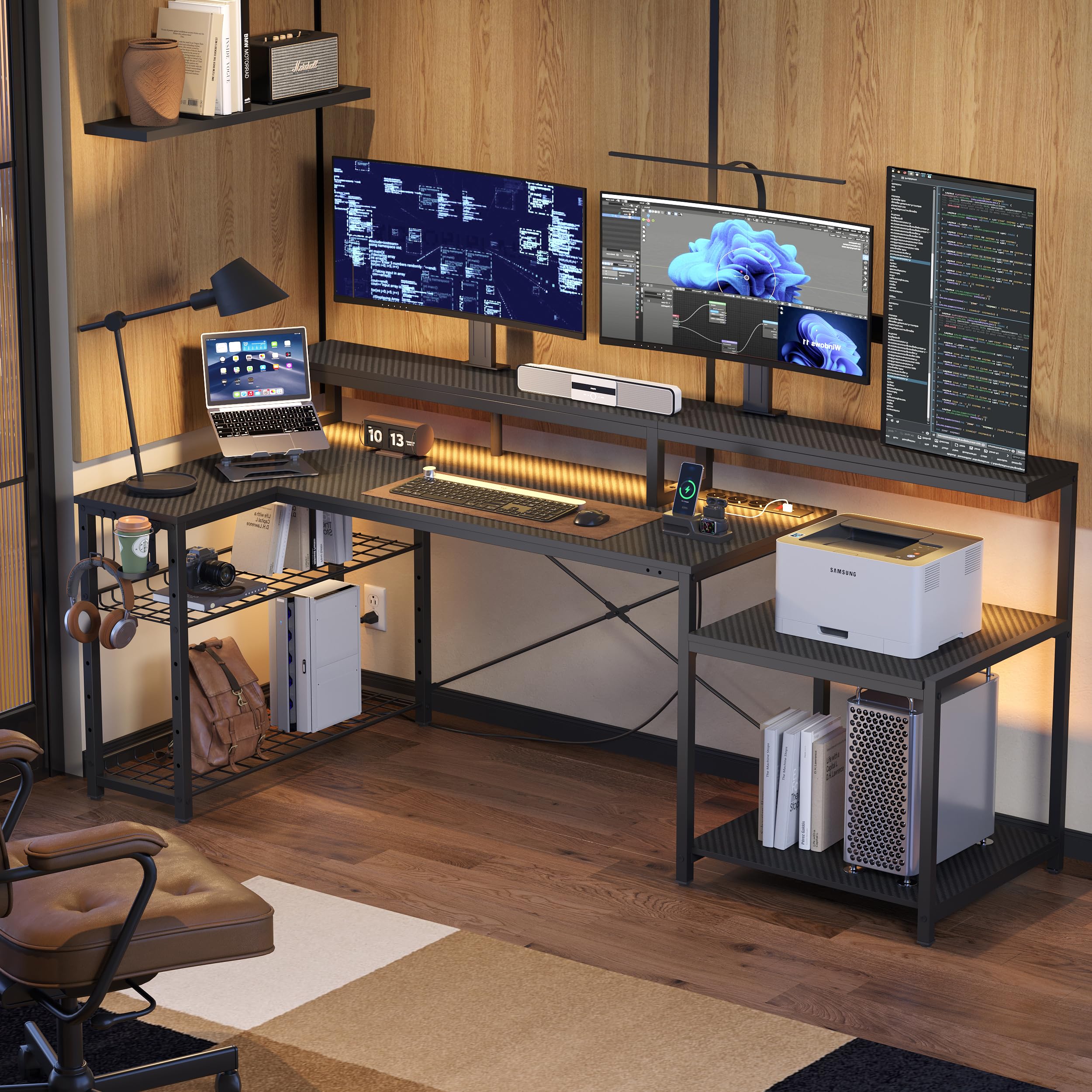 Bestier Tavolo da gioco 181 cm, scrivania da gioco con luci a LED, tavolo da gioco per PC con 3 prese CA e 2 porte di ricarica USB, tavolo per computer con ampio ripiano per monitor