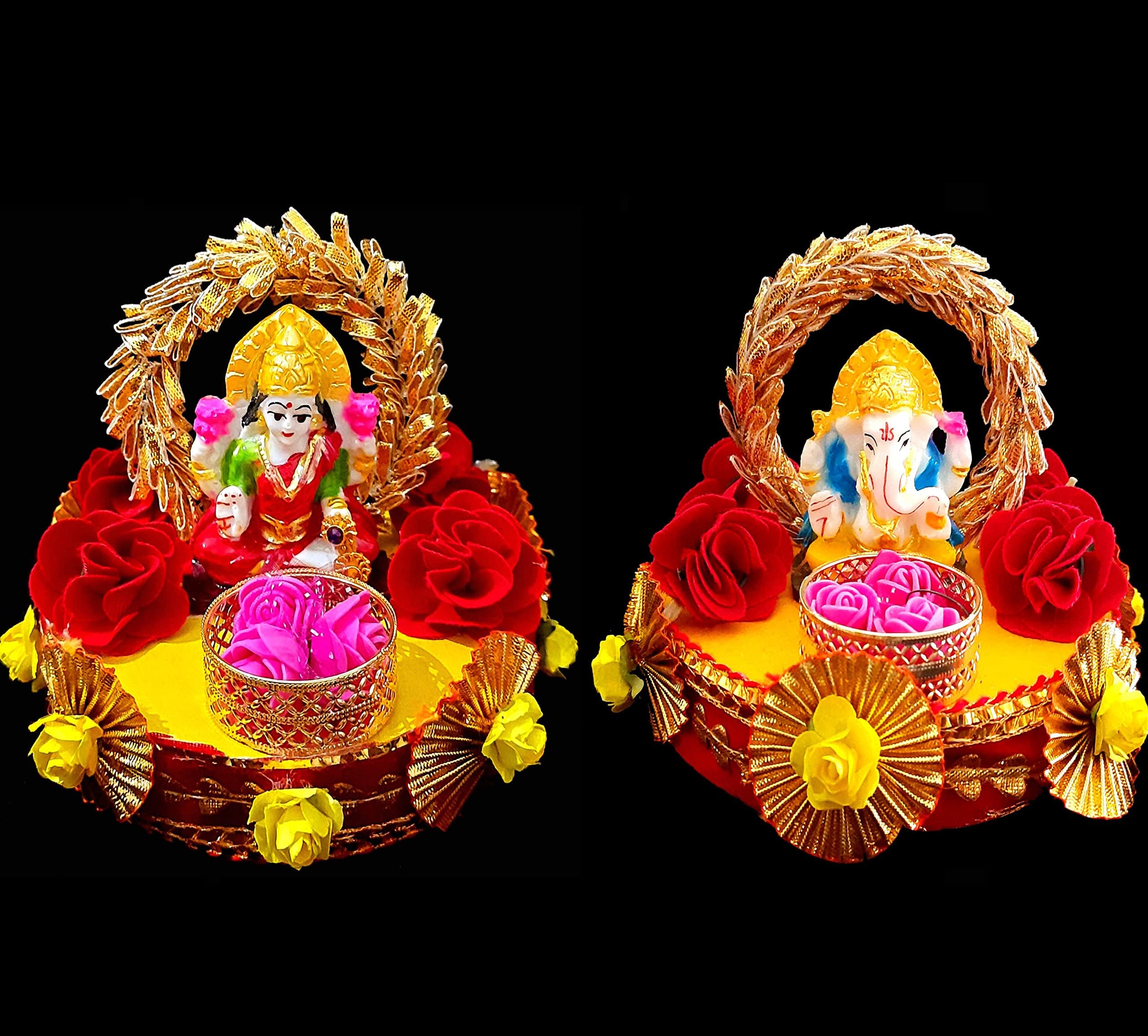 SAARTHI Rajasthani Decorative Handmade Traditional Multicolour Attractive Auspicious Lucky Multipurpose Spiritual Polyresin Lakshmi Ganesha Ji Idol on Floral Gota Base Plate with Flowers and Artificial Coins for Pooja/ Car Dashboard / Aarti / Bhog Thali| Diwali/ Ganesh Chaturthi Platter for Home/ Office/ Living Room/ Table/ Café/ Mandir Décor |Temple Decoration| Goddess Laxmi Tea Light Candle Holder| Lantern| Devi Bappa Statue/ Sculpture/ Showpiece/ Figurine | Puja Accessories| Deepawali Pujan
