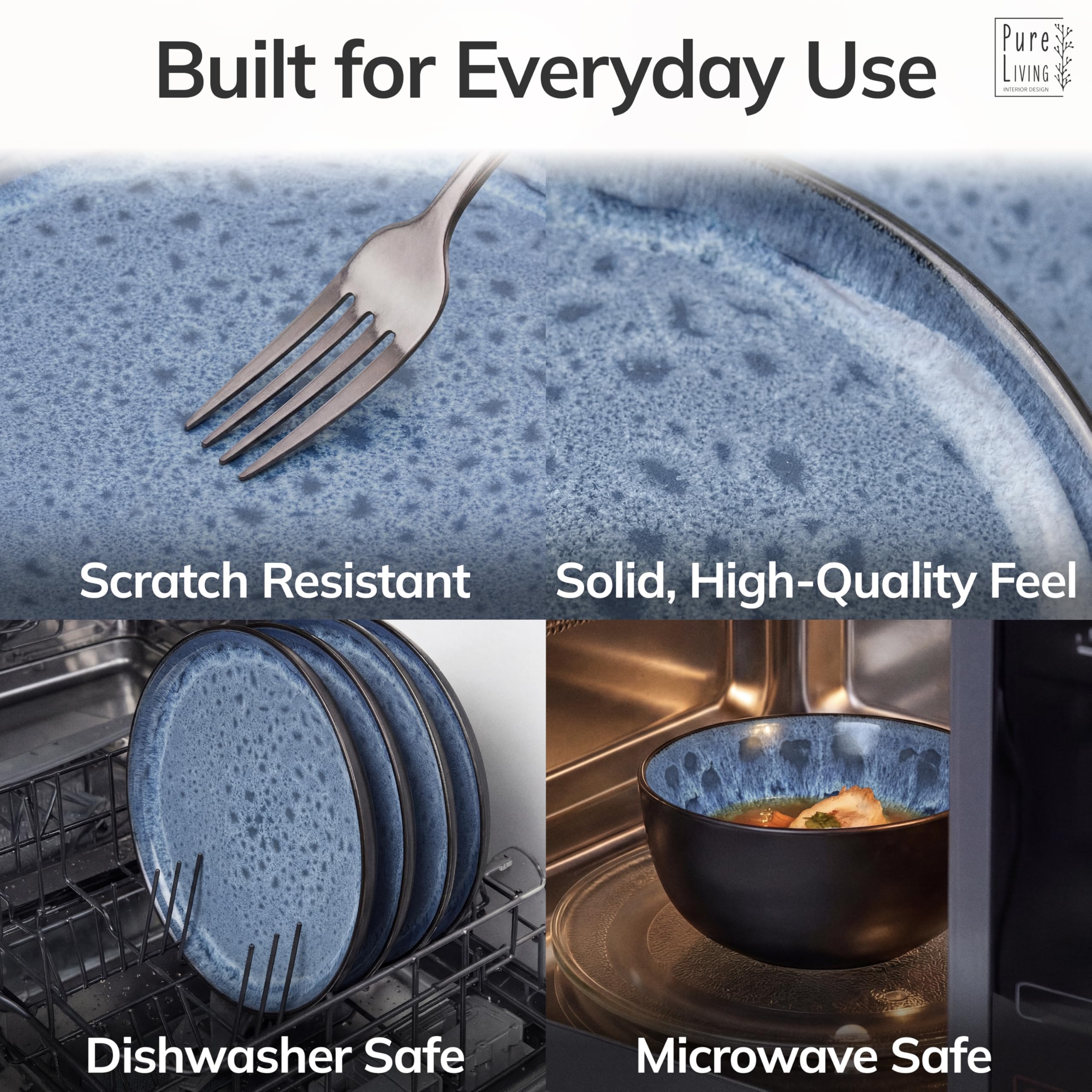 24 Piece Dinnerware Sets for 6 - Stoneware Tableware Set - Bowl and Plate Set - Dinner Service 6 persons - Tableware Sets Pure Living Black Deep Blue