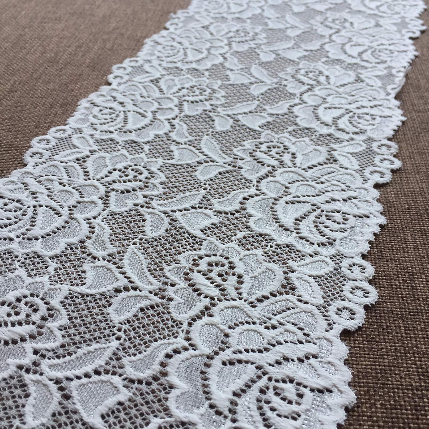 LUMKET 6 Inches Wide White Stretchy Lace with Floral Pattern for Bridal Wedding Decorations , Sewing DIY Making and DIY Crafts- 5 Yards (7227 White)