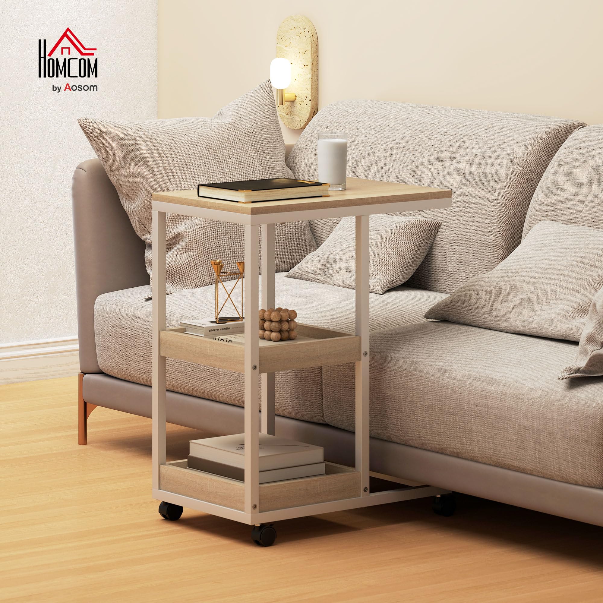 HOMCOM Mesa Auxiliar con Ruedas 2 Estantes, 51x33x66 cm, Natural y Blanco | Mesa Auxiliar para Sofá en Forma de C, Estantes Abiertos, Marco de Acero, para Salón, Dormitorio