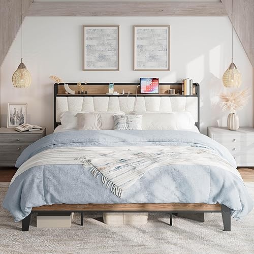 Miniatura 23 de LIKIMIO Armazón de cama completa, cabecera con almacenamiento y estación de carga, sólido y estable, sin ruido, no necesita somier, fácil montaje