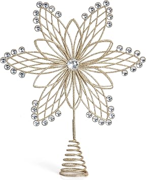 Ornativity Jewel Flower Tree Topper - Gold Glitter Sparkling Metal Wire Star Flower Topper with Sparkly Gem Jewel Finish Holiday Christmas Tree Top Decor Xmas Ornament Decoration