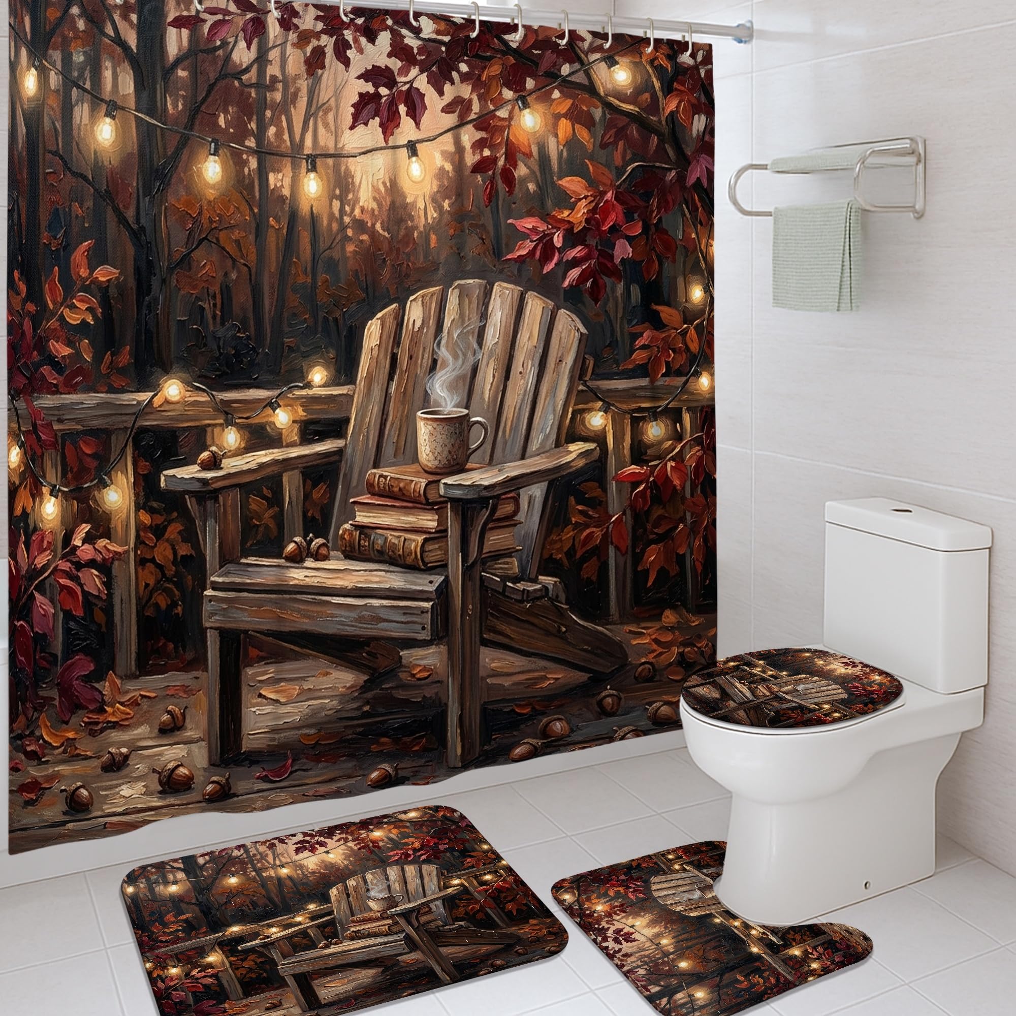 Rideau de douche automne en polyester 183x183 avec tapis de bain assortis