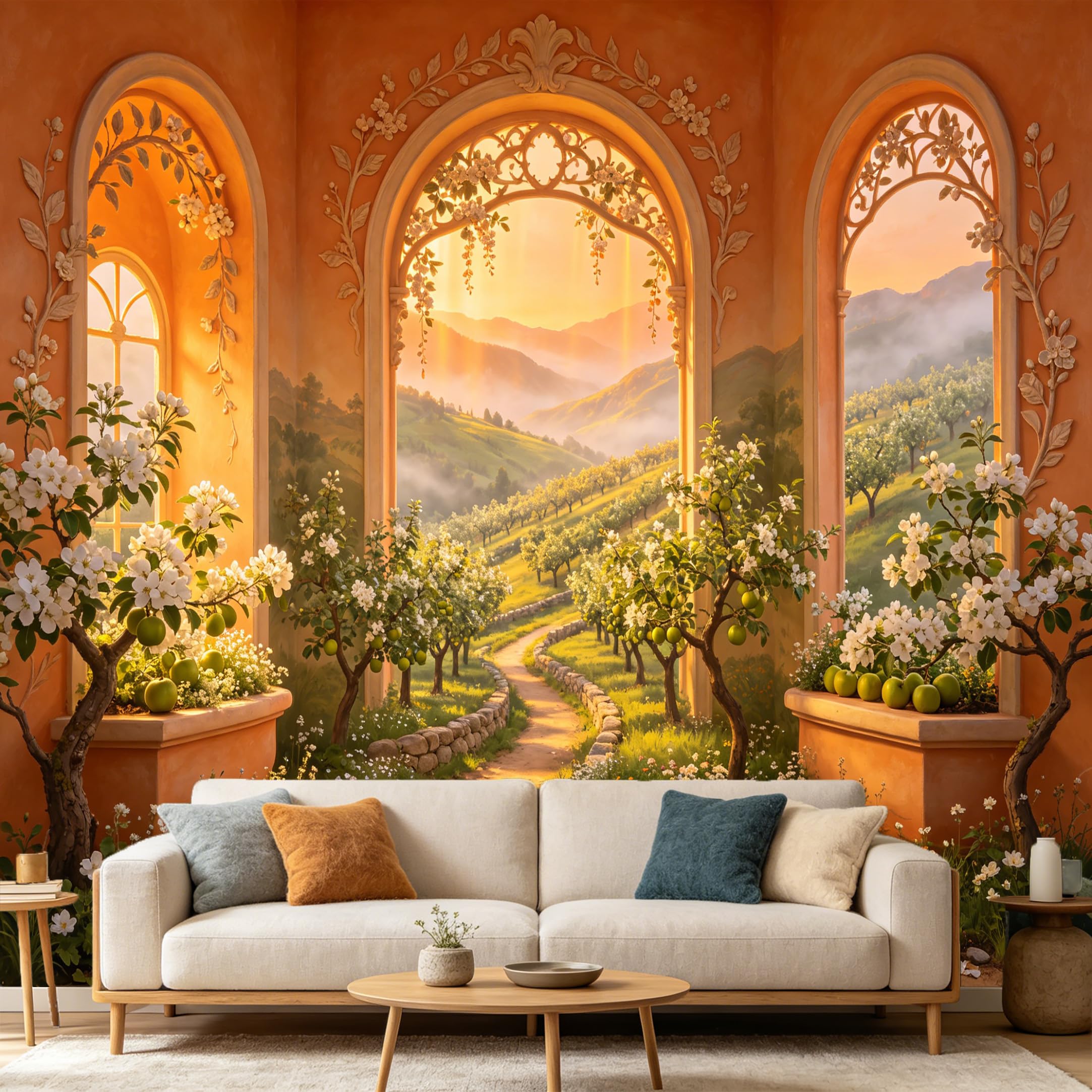Custom Size Wall Mural， Mediterranean Garden Archway Tuscan Landscape Sunrise View， SelfAdhesive Art Prints wall Fabric Removable Large Wallpaper Home Living Room Decor