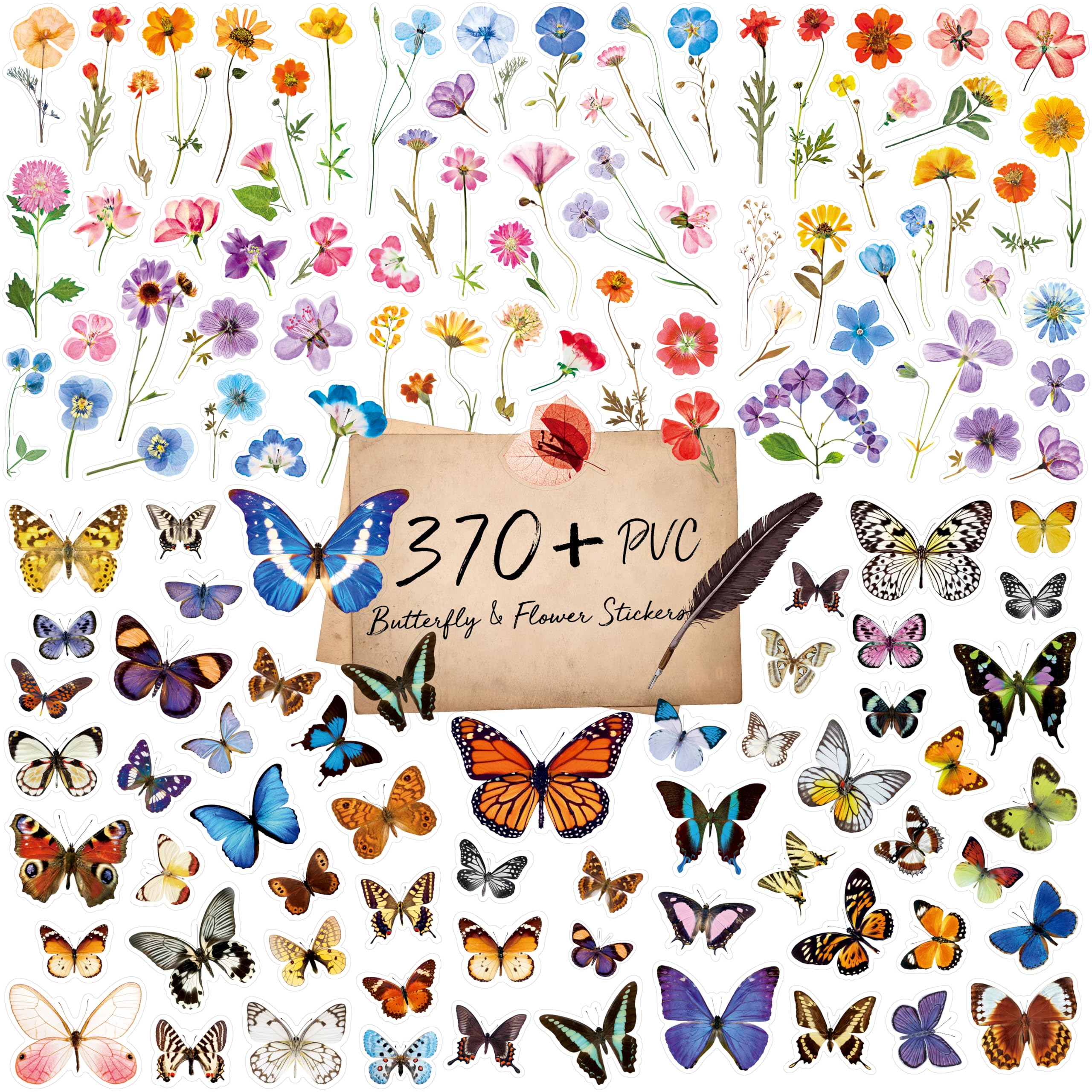 370+ PCS PVC Flower & Butterfly Stickers, Self-Adhesive Nature Floral Stickers for Scrapbook, Laptop, Journal, DIY Project, Spring Themed Party Decors