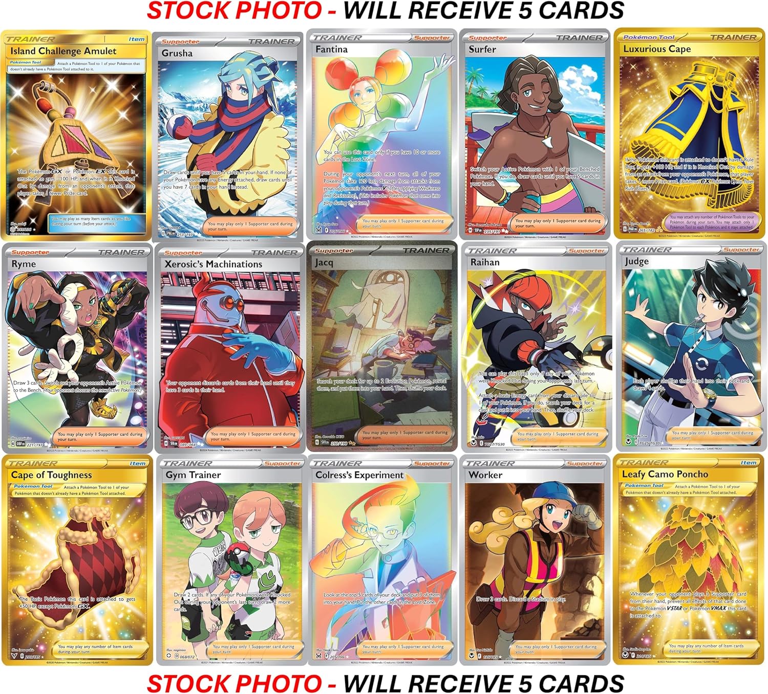 Pokemon 5 Full Art Trainer Card Lot - X1 Secret Rare, X4 Full Art Etched Cards - No Duplicates