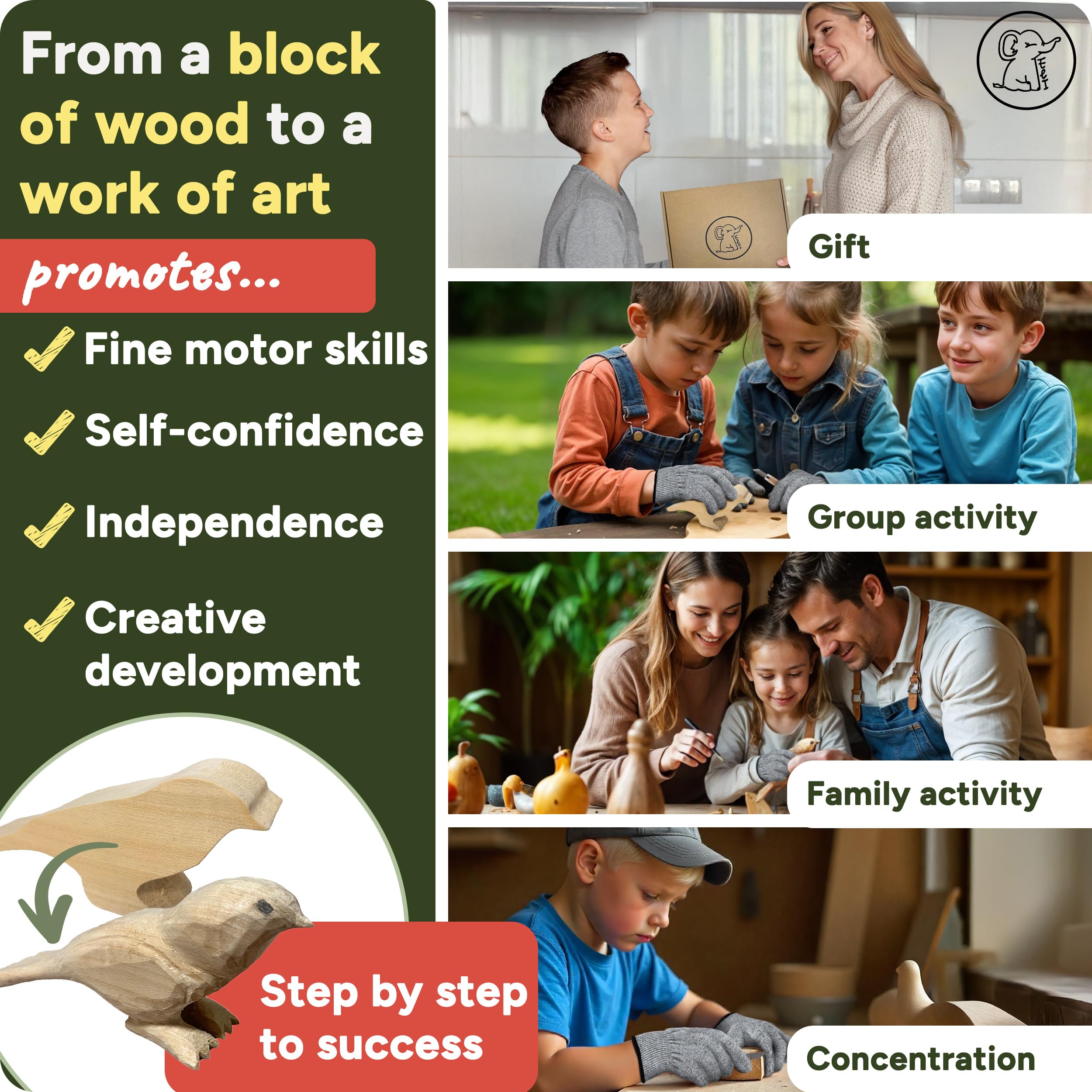 Eli Set de tallado para niños 17 piezas bloque de madera pájaro herramientas tallado cuchillo piedra afilar