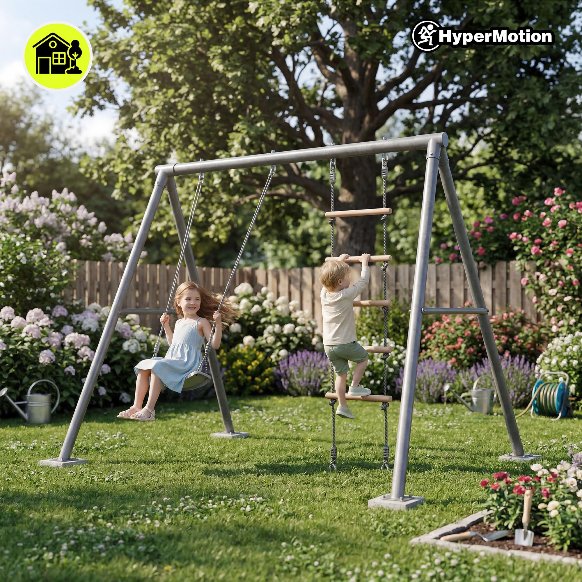 HyperMotion Klettergerüst 6in1 Kinder Indoor Outdoor – Türreck mit Strickleiter, Kletterseil, Schaukel, Turnringen & Trapez aus Buchenholz, höhenverstellbar, ab 3 Jahren, bis 100 kg