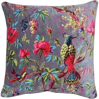 Riva Paoletti Paradise Square Cushion Cover - Mink Purple - Colourful Bird Print - Faux Velvet Fabric - Machine Washable - 100% Cotton - 50 x 50cm 20 x 20 inches - Designed in the UK