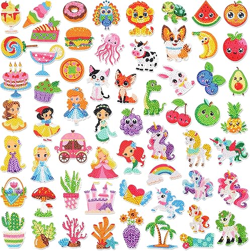 sinceroduct 60 calcomanías de arte de diamantes 5D para niños, 6 diseños temáticos, kits de arte de diamantes y pintura de diamantes para niños,