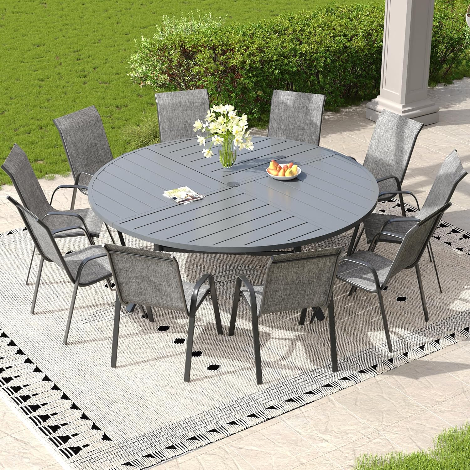 11 Pieces Outdoor Dining Set, 63.1" Spliced Patio Table with Umbrella Hole & Stackable Outdoor Dining Chairs, Patio Furniture Set for Deck Garden Porch, Grey Chairs & Dark Grey Table