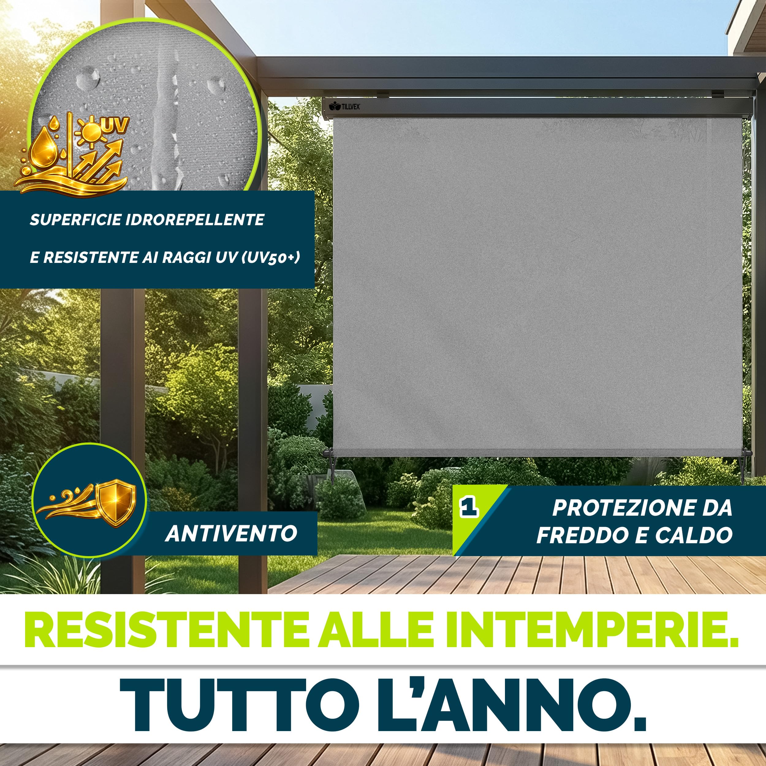 Tillvex Tenda da sole verticale 200 x 250 cm impermeabile con manovola in alluminio per balcone terrazza giardino