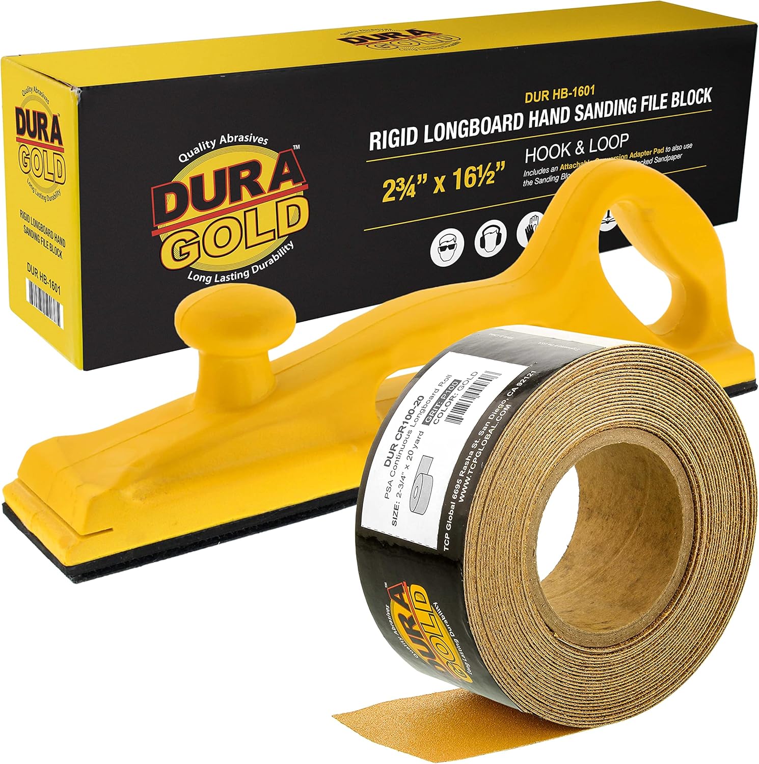 Dura-Gold Pro Series Rigid Longboard Hand Sanding File Block with Hook & Loop Backing and PSA Backing Adapter Pad & 100 Grit PSA Longboard Sandpaper 20 Yard Roll, 2-3/4" Wide