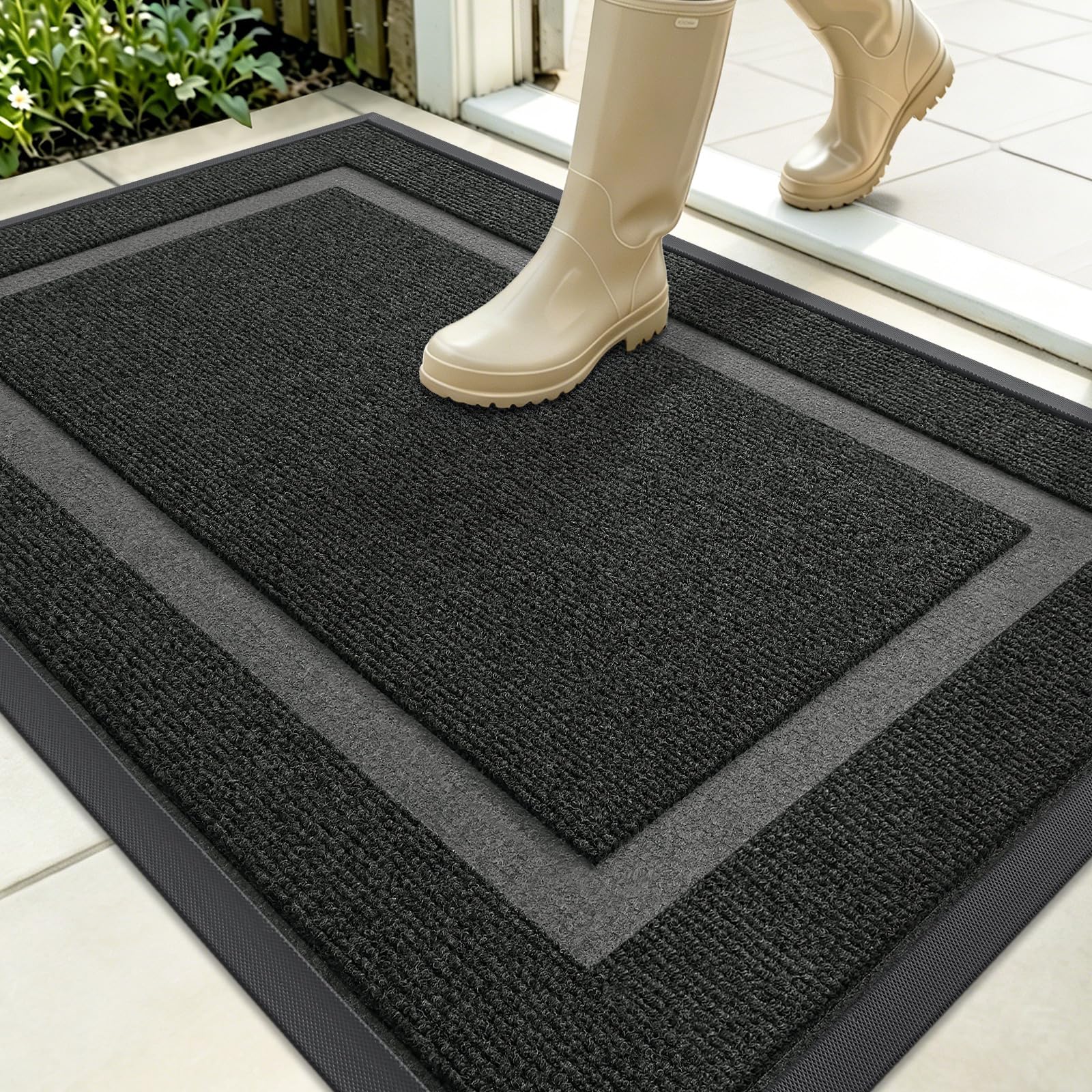 OLANLY Front Door Mat Outside 35x23, All-Season Heavy-Duty Rubber Doormat | Black, Absorbent, Stain and Fade Resistant, Waterproof Non-Slip Backing, Low-Profile Indoor Outdoor Floor Mat for Entryway