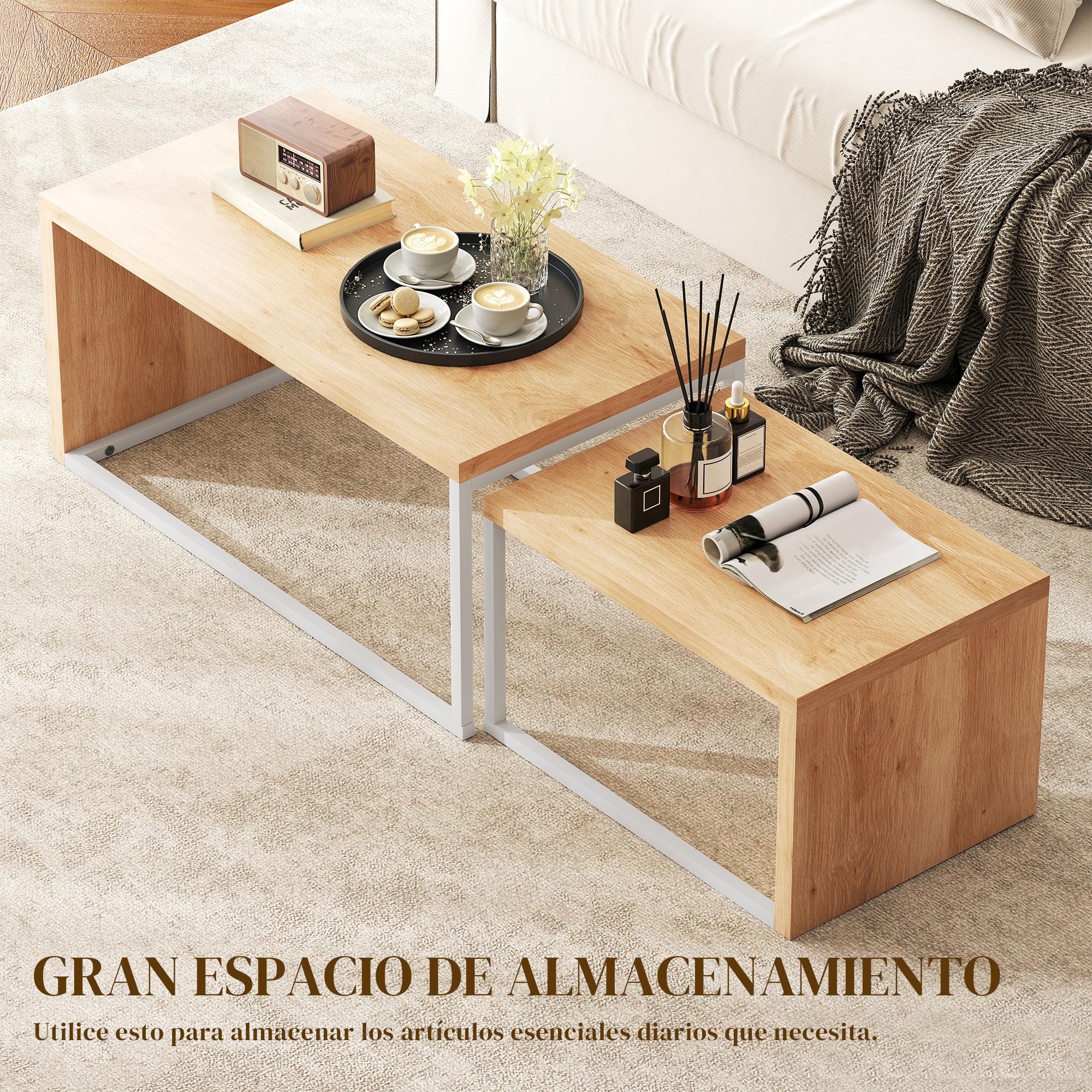 HOMCOM Juego de 2 Mesas de Centro, Mesa Nido Moderna, Mesitas Auxiliares, Marco de Metal, para Salón, Dormitorio, Grande 90x48x42 cm y Pequeña 59x42x36 cm, Natural y Blanco