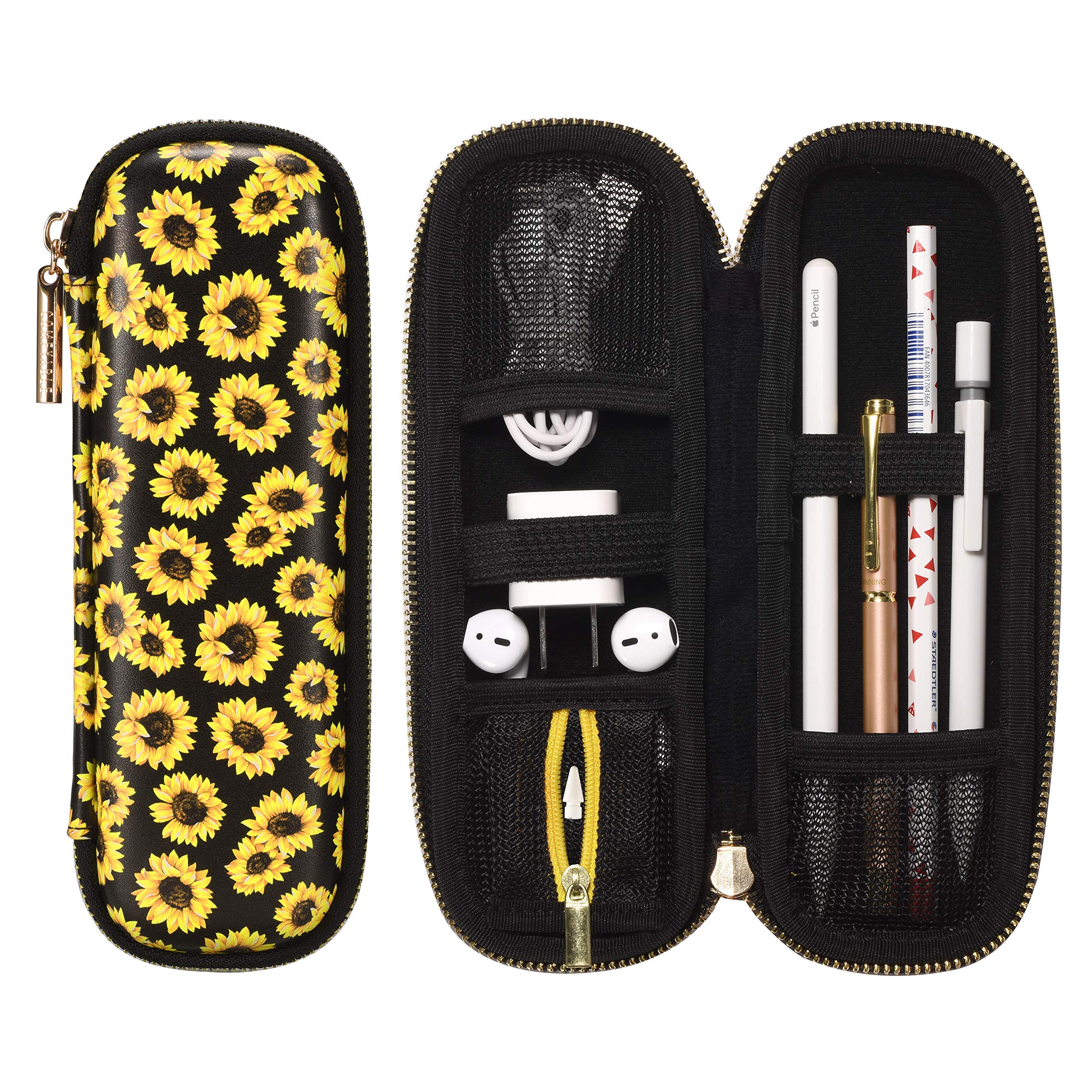 Comfyable Pencil Holder Pencil Case for Apple Pencil, Pen Accessories Elastic Strap Sleeve Protective Carrying Case for USB Cable AirPods with Mesh Pockets,Sunflower
