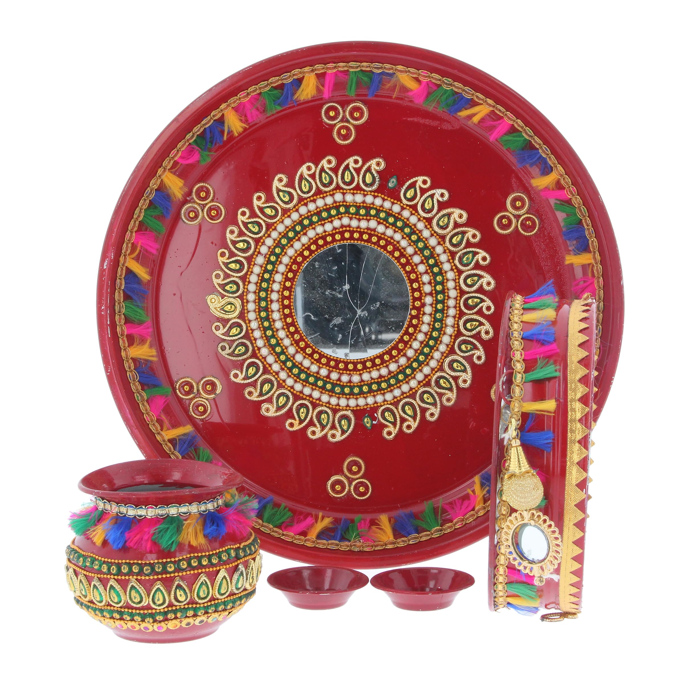 Karwa Chauth Set Karva Chauth Thali Indian Pooja Puja Kalash Lota Chalni Channi Diya Karwachauth Diwali Traditional Combo Multicolour Decorative Husband Wife Festival Gift (Full Set - Design 10)