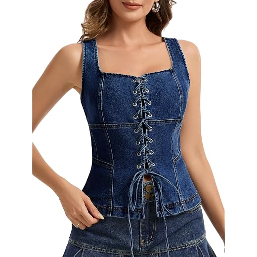 Ladyful Women's Lace Up Denim Corset Vest