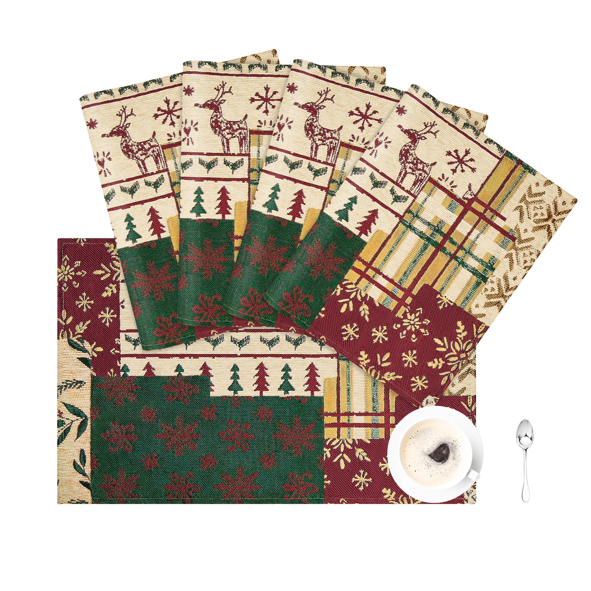 TOPLUXE Manteles Individuales Navidad Juego de 4 Salvamanteles Individuales de Tela Damasco 45x30 cm para Comedor/Hotel/Restaurante (Patchwork Navidad)