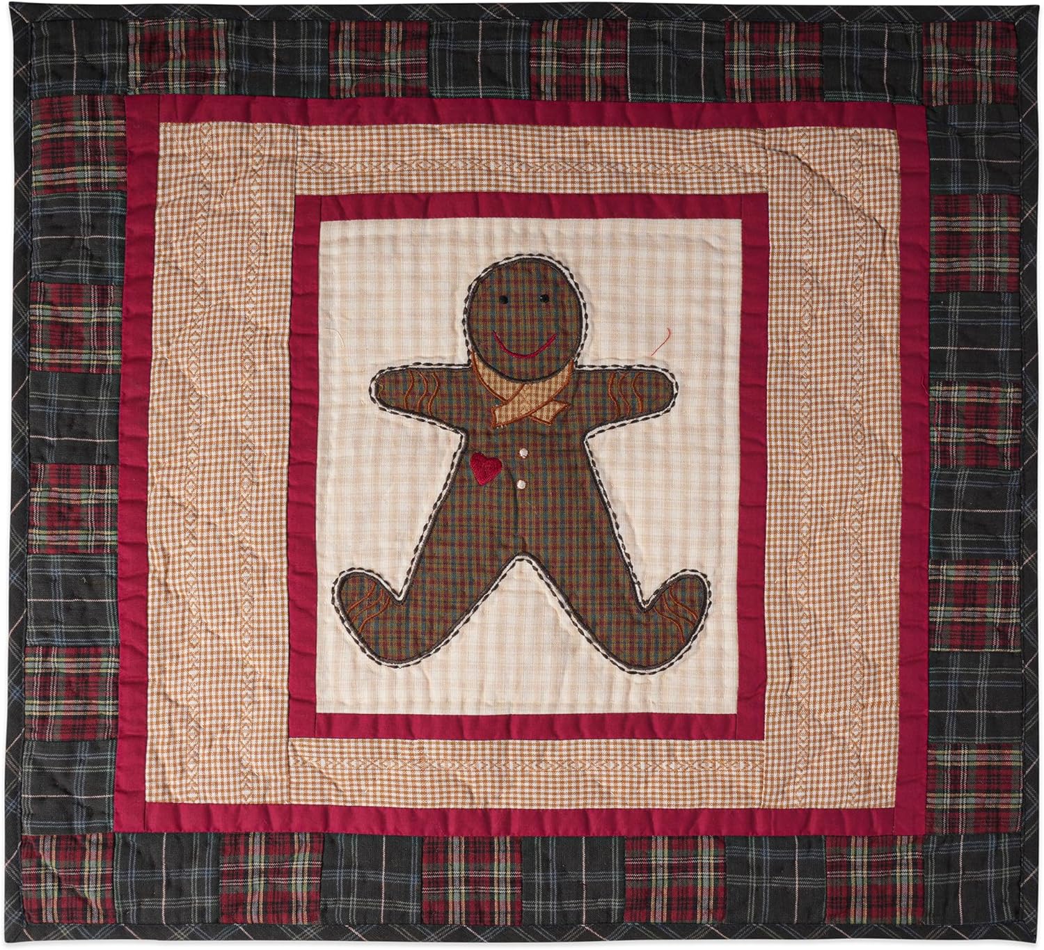 Ginger Bread Hand Quilted 19 inches by 19 inches 100% Cotton Plaid Wall Hanging, Block Quilt, Table Topper Quilt, Rod Pocket Quilt
