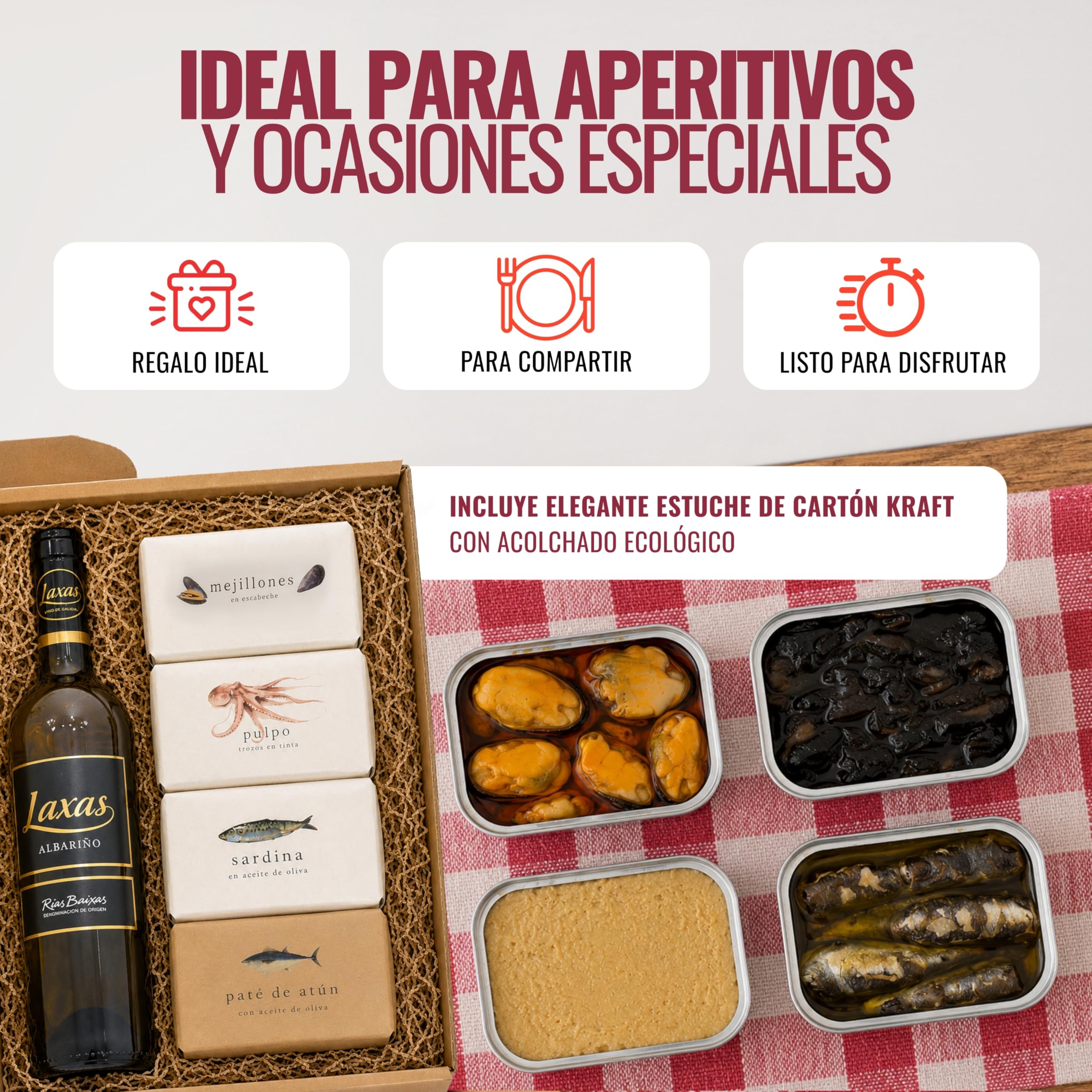 Caja Regalo Gourmet con Albariño Laxas y Conservas Gallegas – Mejillones, Sardinas, Pulpo en Tinta, Paté de Atún – Pack Aperitivo Navidad