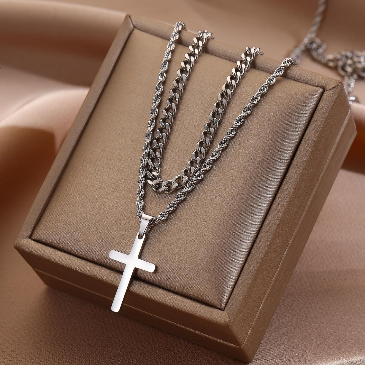 Layered Chain Cross Necklace for Men, Stainless Steel Cuban Link Chain Cross Pendant Mens Chains Necklaces 18-22 inches, Jewelry Gift - Image 5