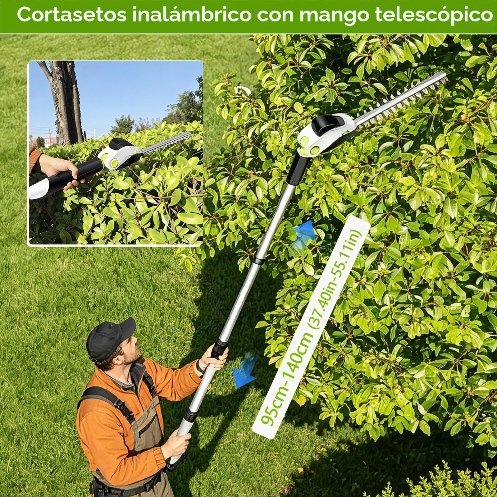 Tijera Cortacésped y Arreglasetos 2 en 1, Cortasetos Eléctrico con 2 Batería y Cargador, Tijeras para Césped con Mango Telescópico para Podar Césped, Arbustos y Setos