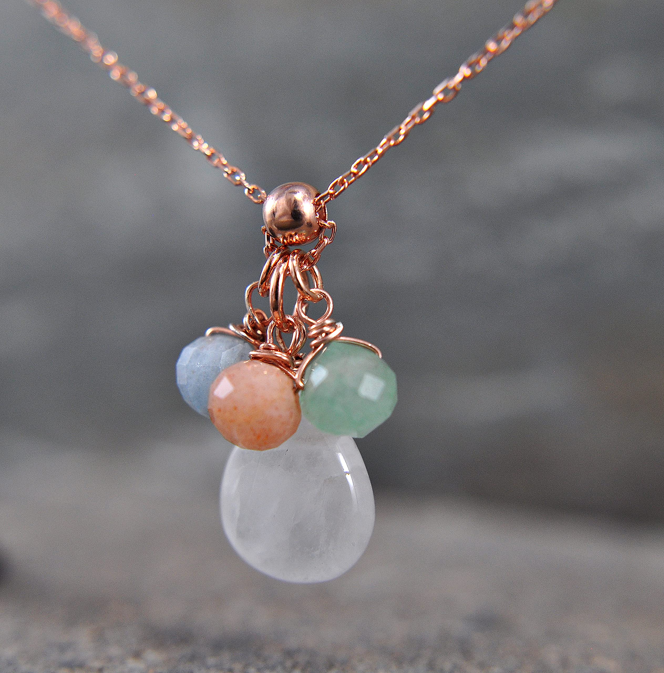 925 Silber - Edelstein-Kette - bunt -roségold - Bergkristall - Sonnenstein - Aventurin - Aquamarin - Geschenk - Geburtstag - Weihnachten