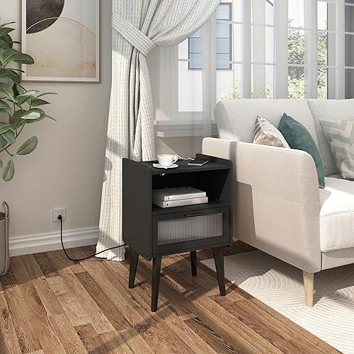 Miniatura 2 de Mesita de noche con estación de carga, juego de 2, mesa auxiliar con espacio de almacenamiento de 2 niveles, para dormitorio, sala de estar, negro